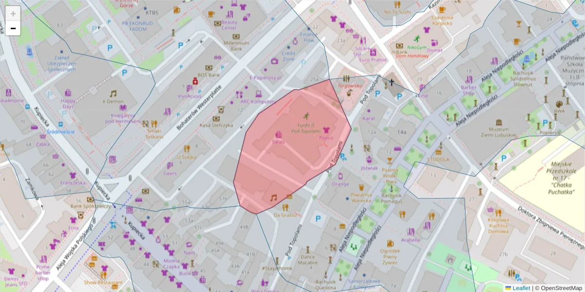 Szczegółowa mapa kodu pocztowego 65-104 z granicami, sąsiednimi kodami pocztowymi i urzędami pocztowymi