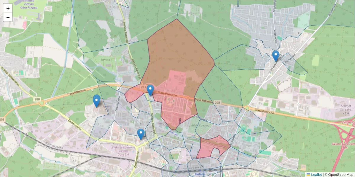Szczegółowa mapa kodu pocztowego 65-119 z granicami, sąsiednimi kodami pocztowymi i urzędami pocztowymi