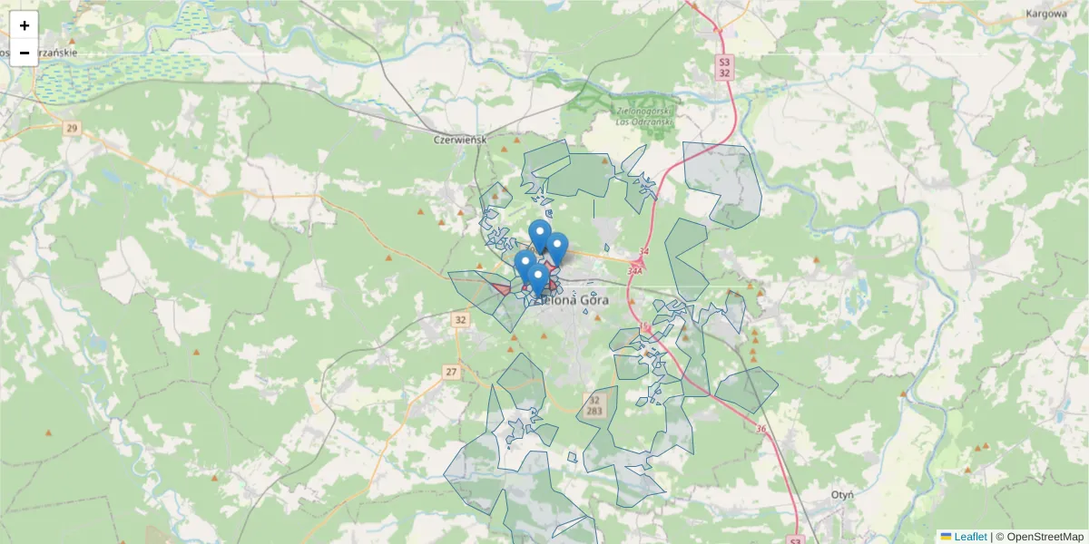 Szczegółowa mapa kodu pocztowego 65-120 z granicami, sąsiednimi kodami pocztowymi i urzędami pocztowymi