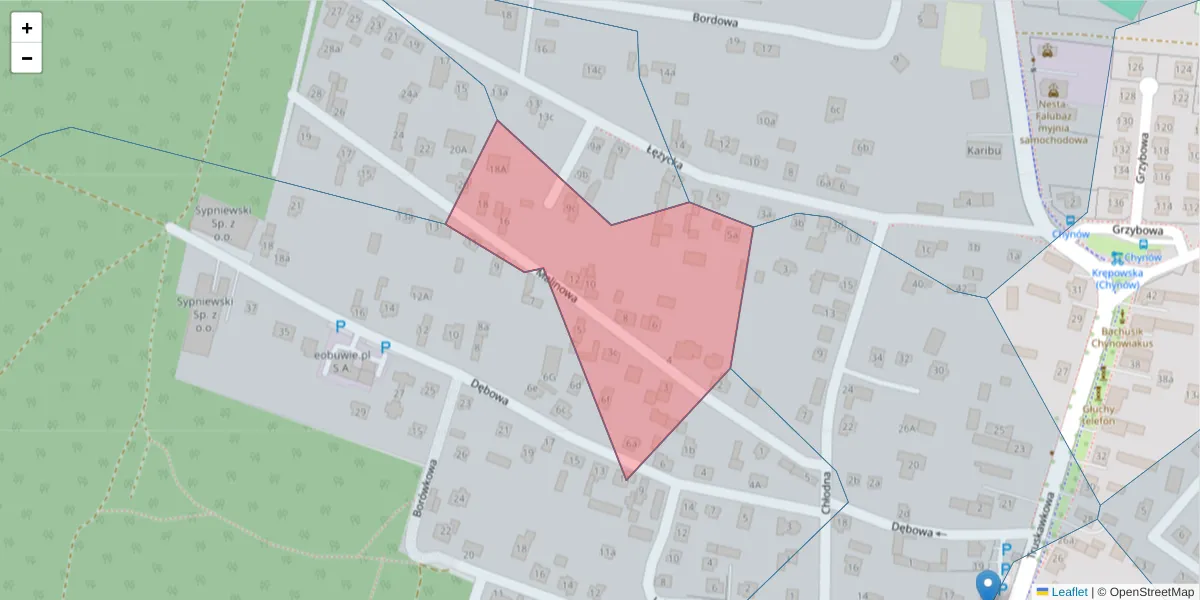 Szczegółowa mapa kodu pocztowego 65-125 z granicami, sąsiednimi kodami pocztowymi i urzędami pocztowymi