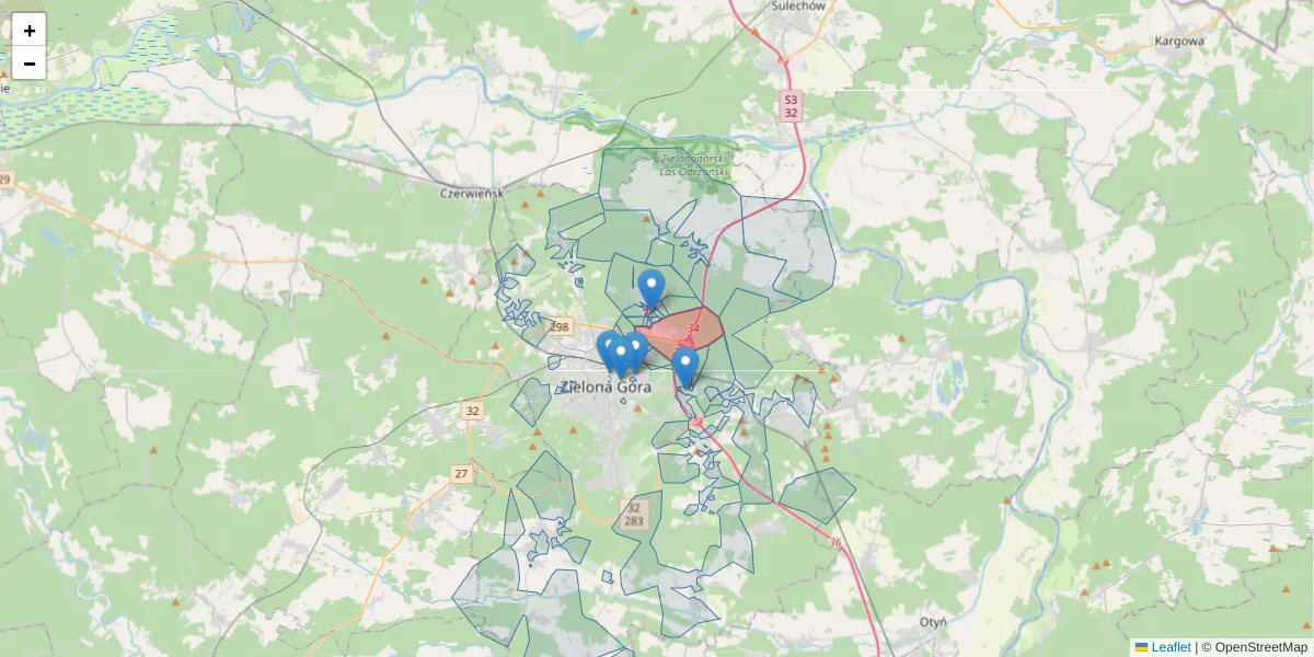 Szczegółowa mapa kodu pocztowego 65-127 z granicami, sąsiednimi kodami pocztowymi i urzędami pocztowymi