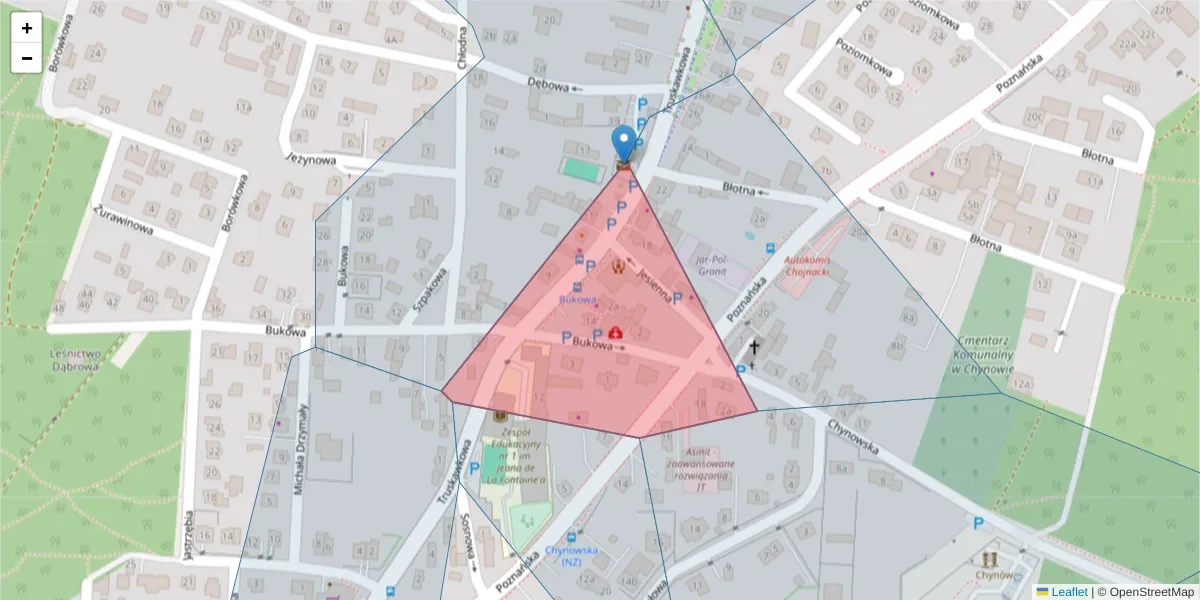 Szczegółowa mapa kodu pocztowego 65-135 z granicami, sąsiednimi kodami pocztowymi i urzędami pocztowymi
