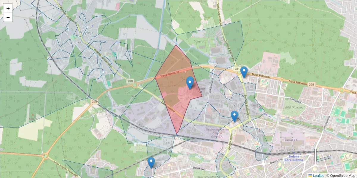 Szczegółowa mapa kodu pocztowego 65-138 z granicami, sąsiednimi kodami pocztowymi i urzędami pocztowymi
