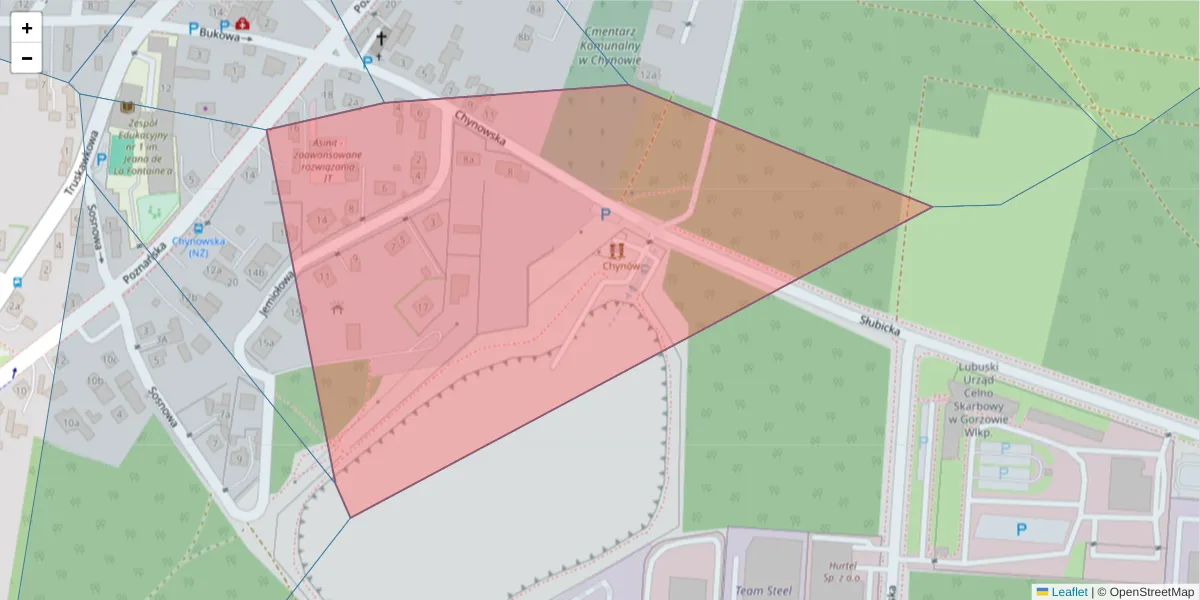 Szczegółowa mapa kodu pocztowego 65-139 z granicami, sąsiednimi kodami pocztowymi i urzędami pocztowymi