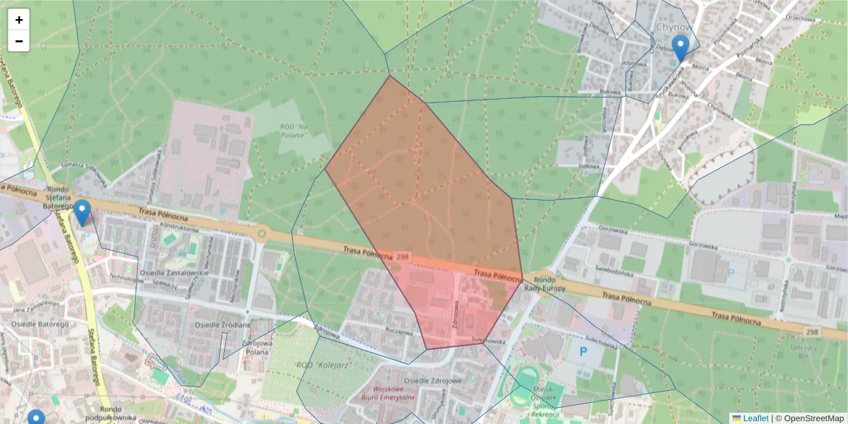 Szczegółowa mapa kodu pocztowego 65-142 z granicami, sąsiednimi kodami pocztowymi i urzędami pocztowymi