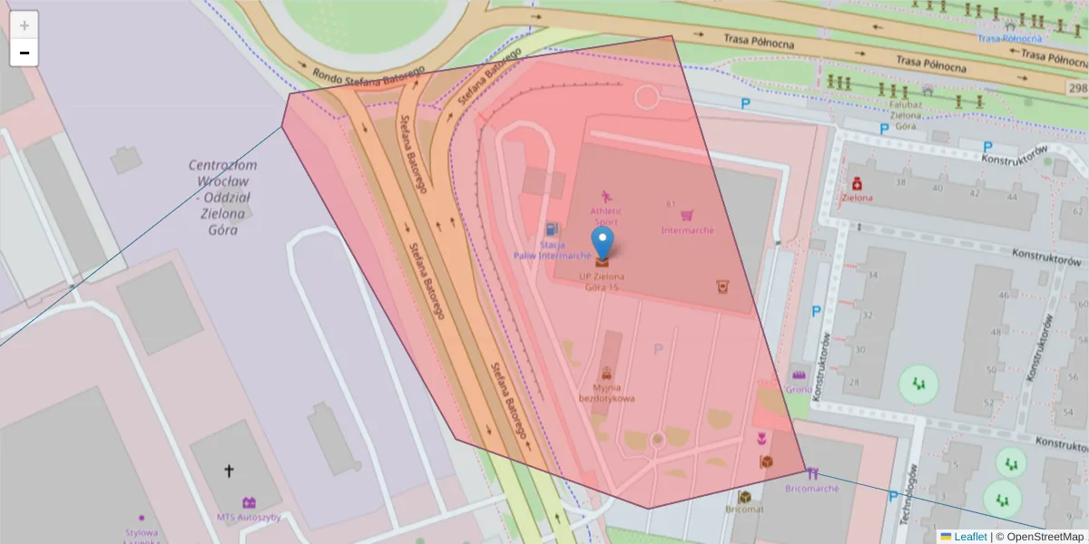 Szczegółowa mapa kodu pocztowego 65-152 z granicami, sąsiednimi kodami pocztowymi i urzędami pocztowymi