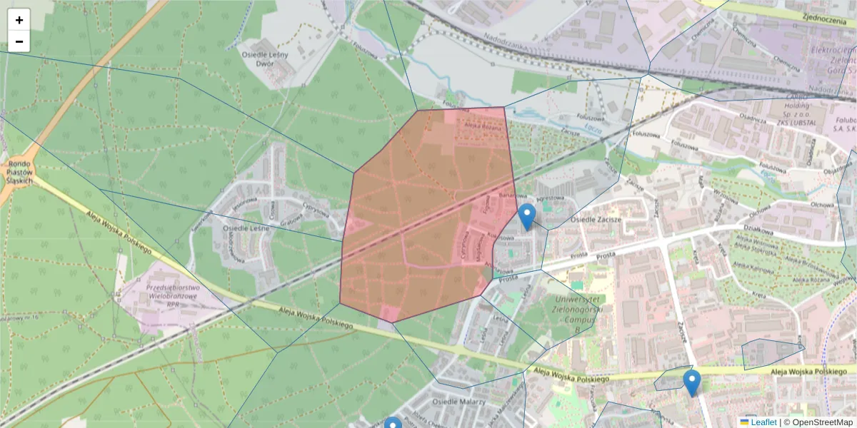 Szczegółowa mapa kodu pocztowego 65-160 z granicami, sąsiednimi kodami pocztowymi i urzędami pocztowymi