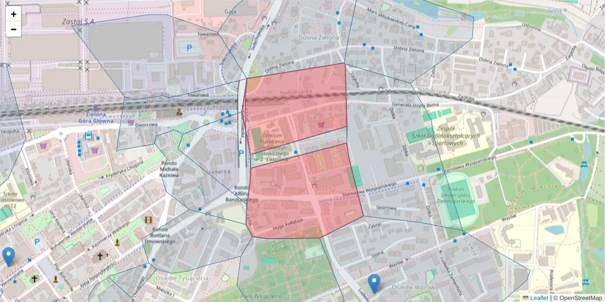 Szczegółowa mapa kodu pocztowego 65-175 z granicami, sąsiednimi kodami pocztowymi i urzędami pocztowymi