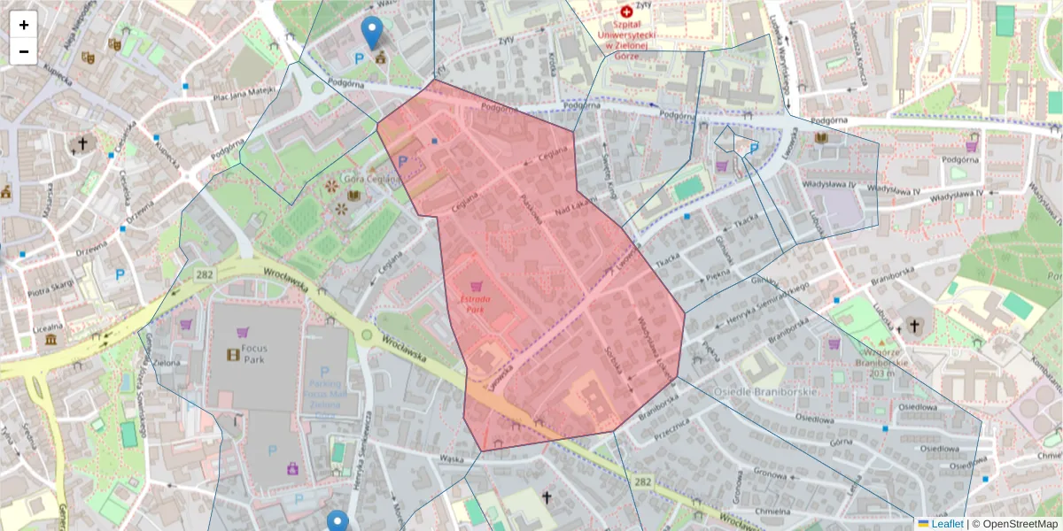 Szczegółowa mapa kodu pocztowego 65-204 z granicami, sąsiednimi kodami pocztowymi i urzędami pocztowymi
