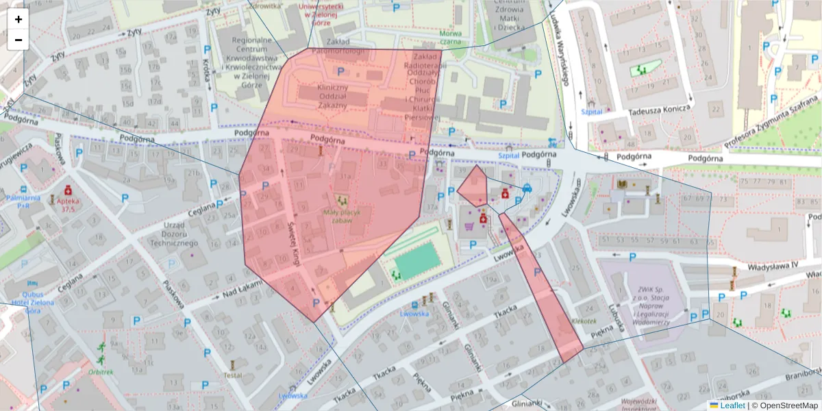 Szczegółowa mapa kodu pocztowego 65-215 z granicami, sąsiednimi kodami pocztowymi i urzędami pocztowymi