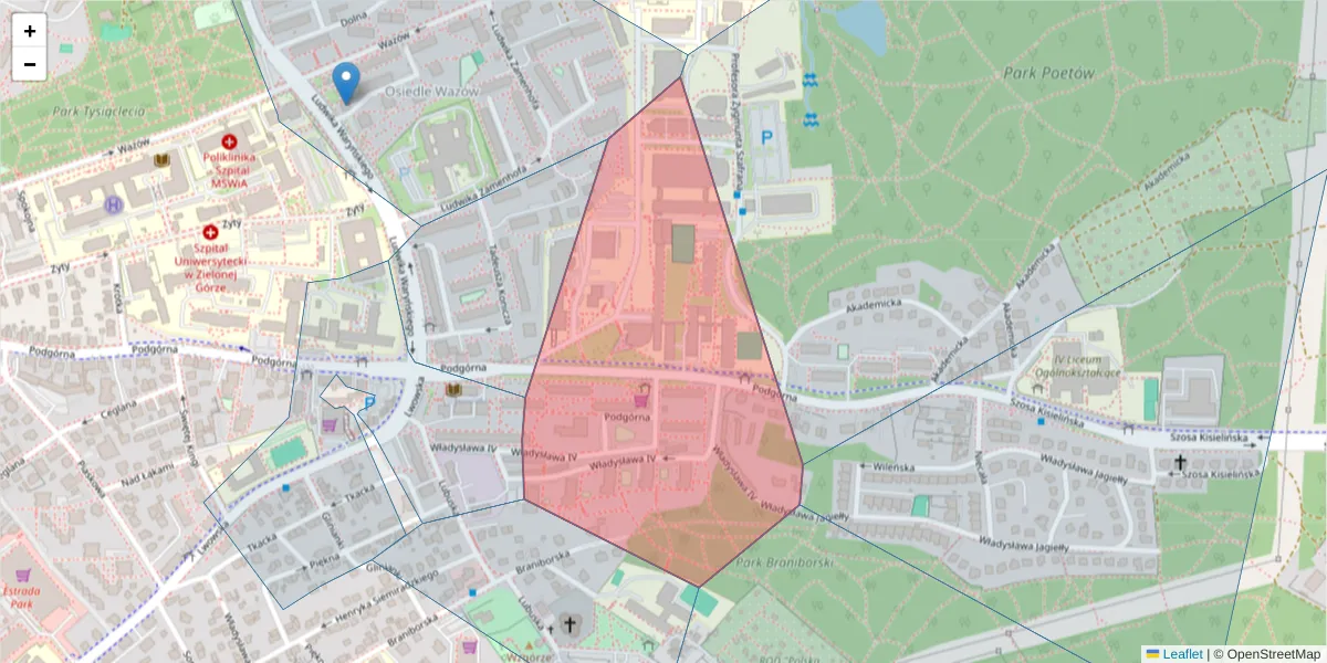 Szczegółowa mapa kodu pocztowego 65-246 z granicami, sąsiednimi kodami pocztowymi i urzędami pocztowymi