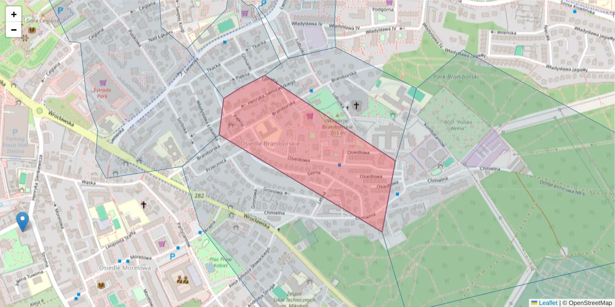 Szczegółowa mapa kodu pocztowego 65-268 z granicami, sąsiednimi kodami pocztowymi i urzędami pocztowymi