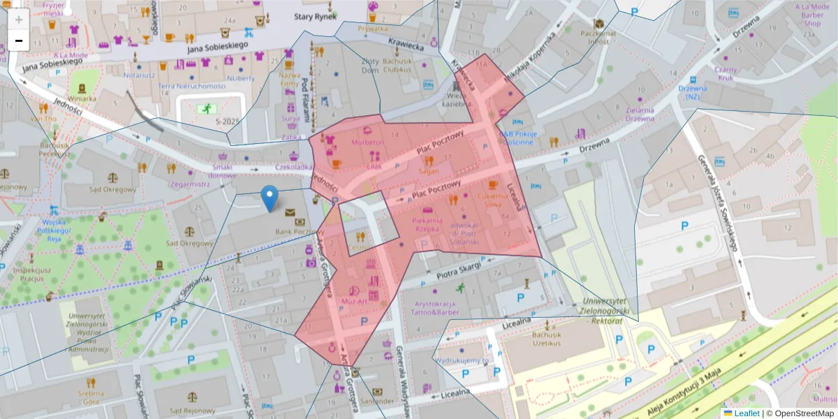 Szczegółowa mapa kodu pocztowego 65-305 z granicami, sąsiednimi kodami pocztowymi i urzędami pocztowymi