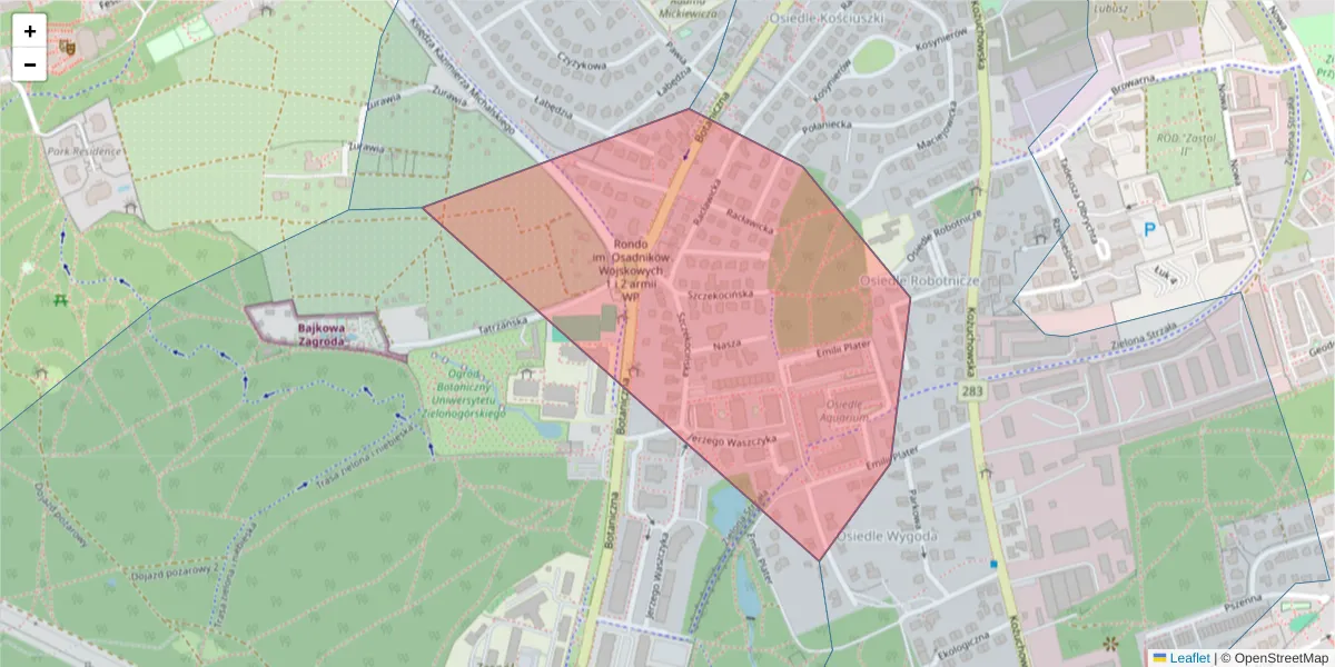 Szczegółowa mapa kodu pocztowego 65-318 z granicami, sąsiednimi kodami pocztowymi i urzędami pocztowymi
