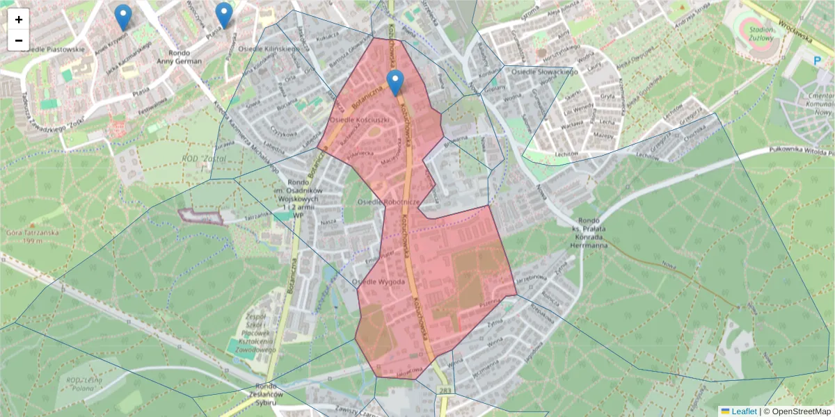 Szczegółowa mapa kodu pocztowego 65-364 z granicami, sąsiednimi kodami pocztowymi i urzędami pocztowymi