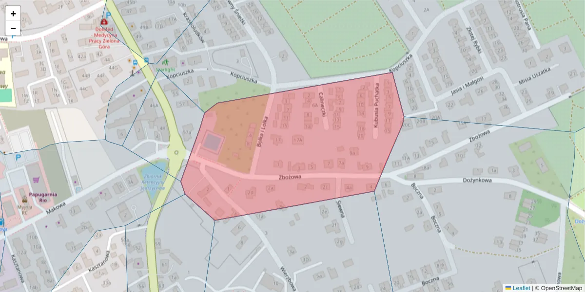 Szczegółowa mapa kodu pocztowego 65-375 z granicami, sąsiednimi kodami pocztowymi i urzędami pocztowymi