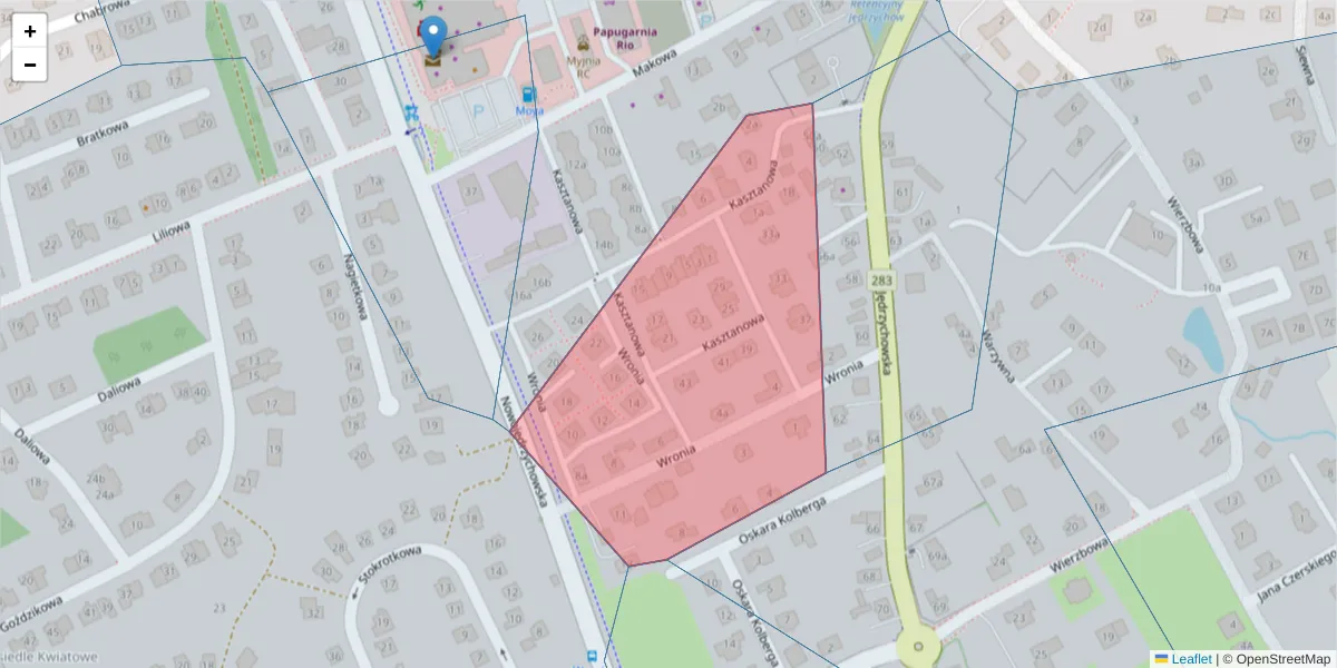 Szczegółowa mapa kodu pocztowego 65-381 z granicami, sąsiednimi kodami pocztowymi i urzędami pocztowymi