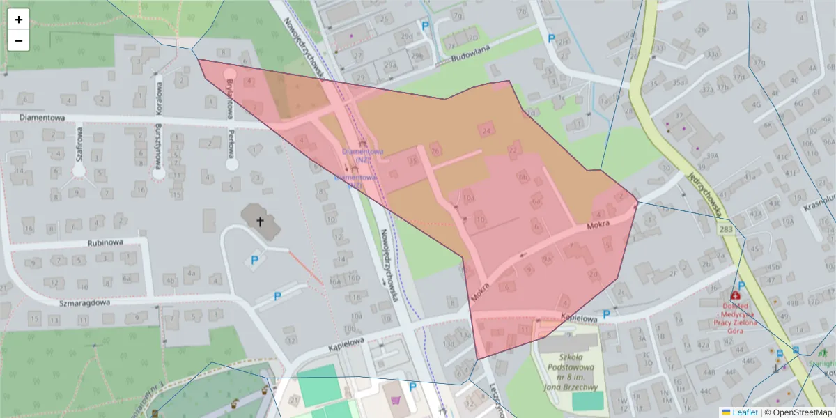 Szczegółowa mapa kodu pocztowego 65-384 z granicami, sąsiednimi kodami pocztowymi i urzędami pocztowymi