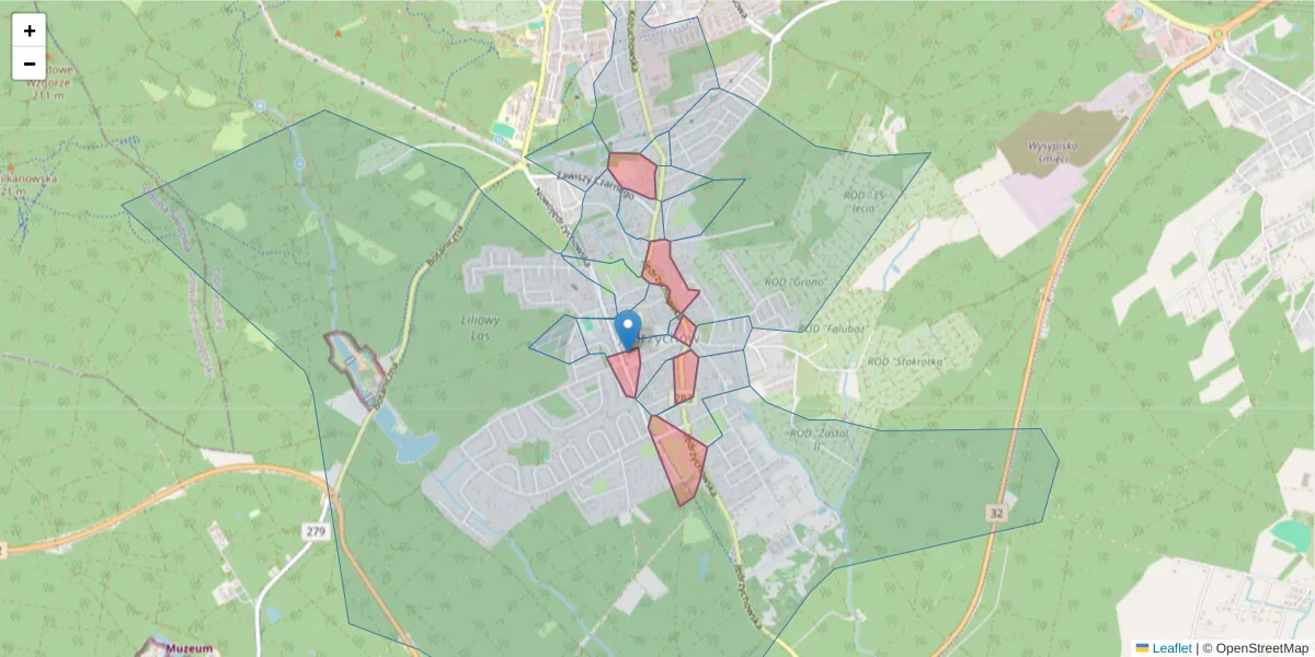 Szczegółowa mapa kodu pocztowego 65-385 z granicami, sąsiednimi kodami pocztowymi i urzędami pocztowymi