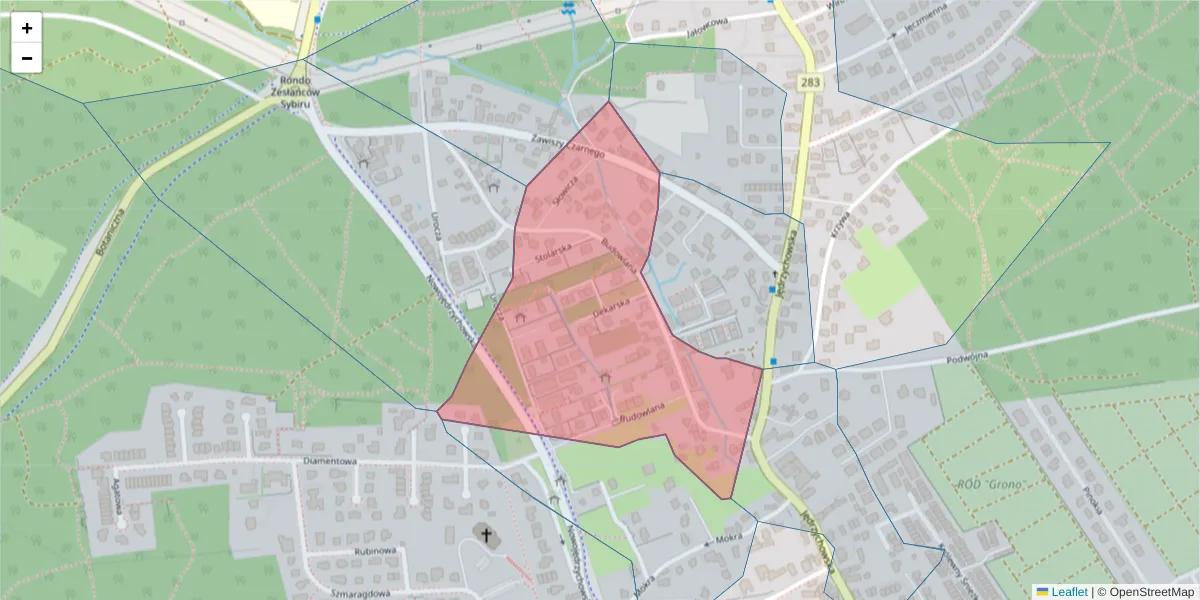 Szczegółowa mapa kodu pocztowego 65-386 z granicami, sąsiednimi kodami pocztowymi i urzędami pocztowymi