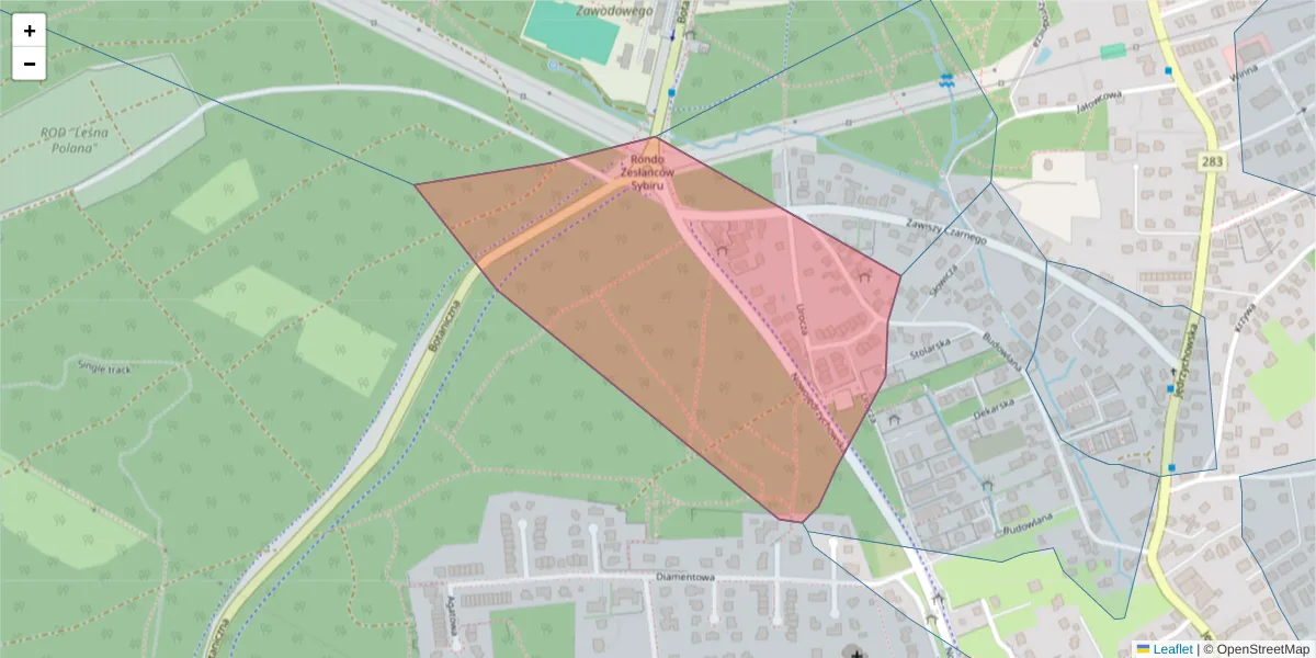 Szczegółowa mapa kodu pocztowego 65-388 z granicami, sąsiednimi kodami pocztowymi i urzędami pocztowymi