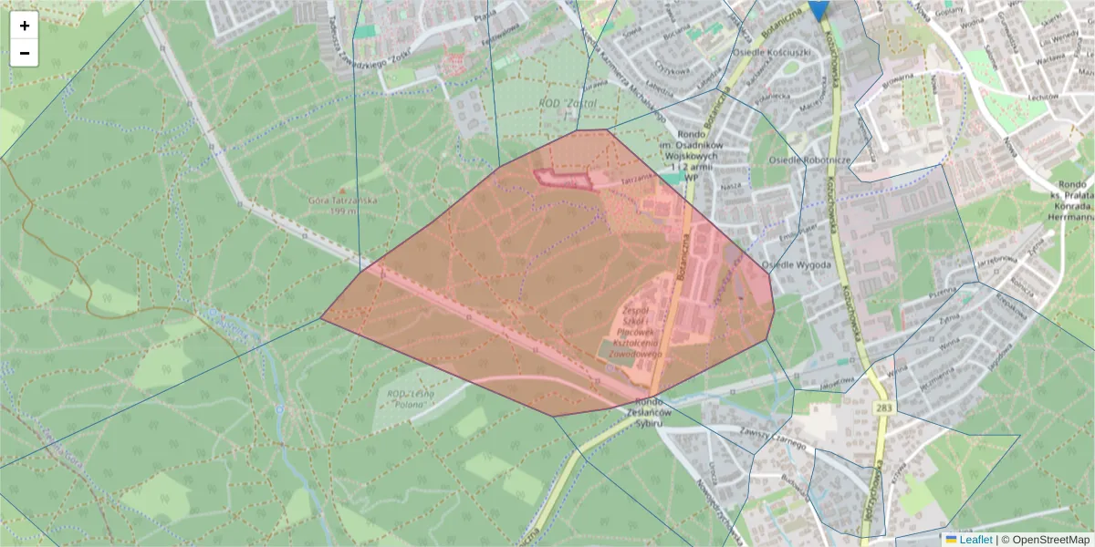 Szczegółowa mapa kodu pocztowego 65-392 z granicami, sąsiednimi kodami pocztowymi i urzędami pocztowymi