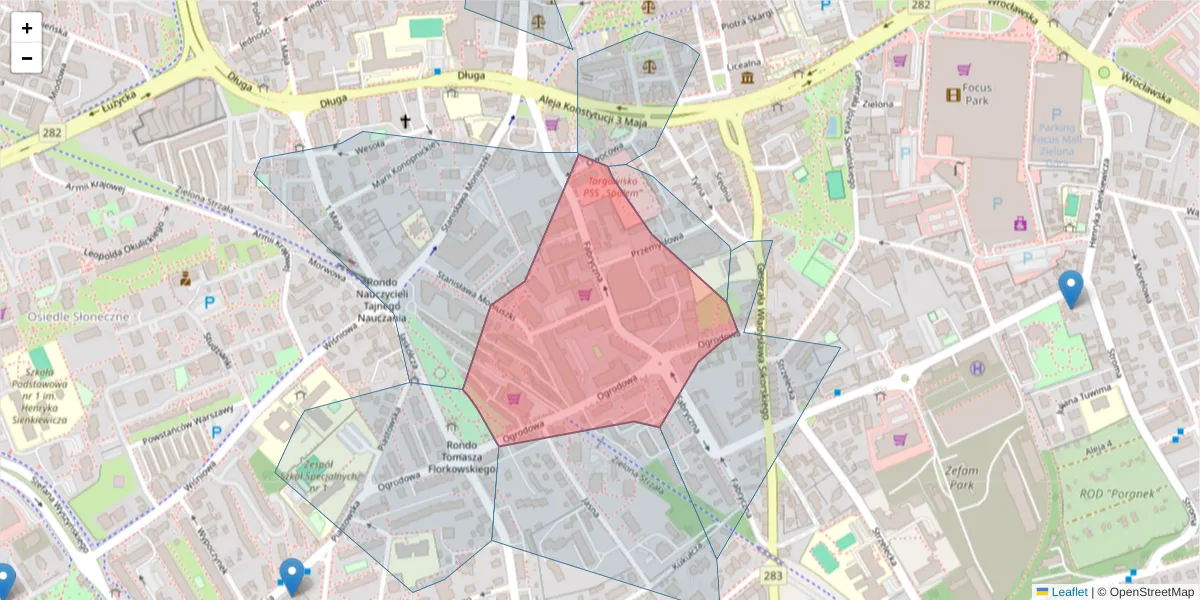 Szczegółowa mapa kodu pocztowego 65-410 z granicami, sąsiednimi kodami pocztowymi i urzędami pocztowymi