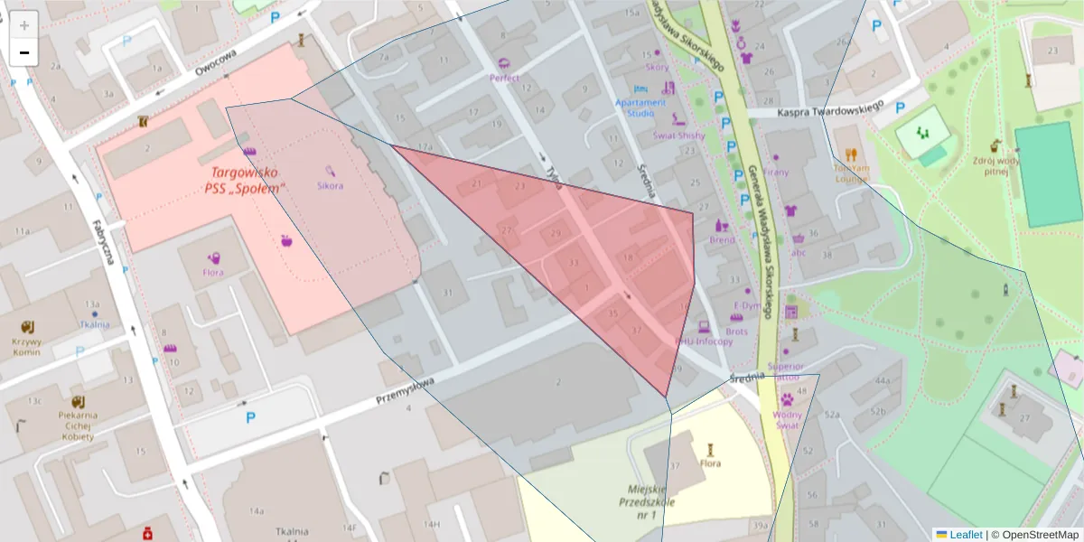 Szczegółowa mapa kodu pocztowego 65-413 z granicami, sąsiednimi kodami pocztowymi i urzędami pocztowymi