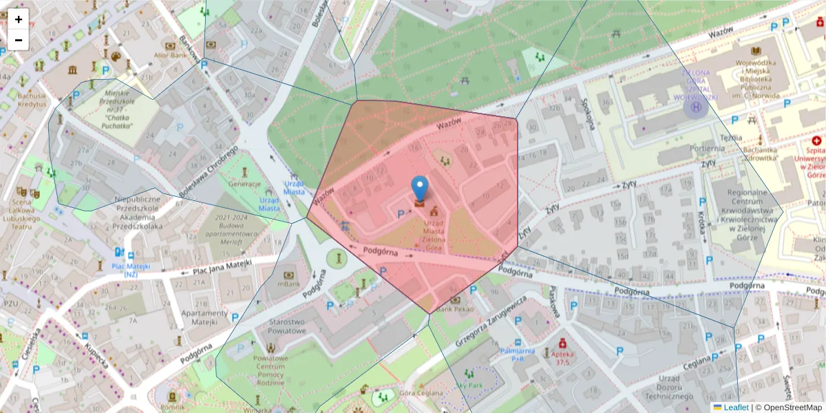 Szczegółowa mapa kodu pocztowego 65-424 z granicami, sąsiednimi kodami pocztowymi i urzędami pocztowymi