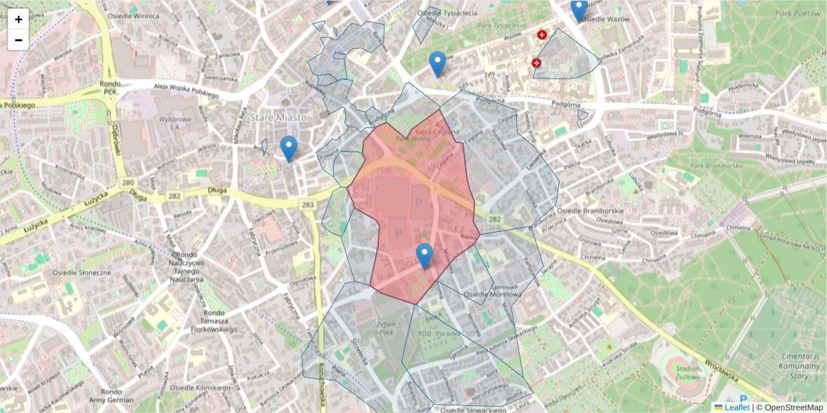 Szczegółowa mapa kodu pocztowego 65-427 z granicami, sąsiednimi kodami pocztowymi i urzędami pocztowymi