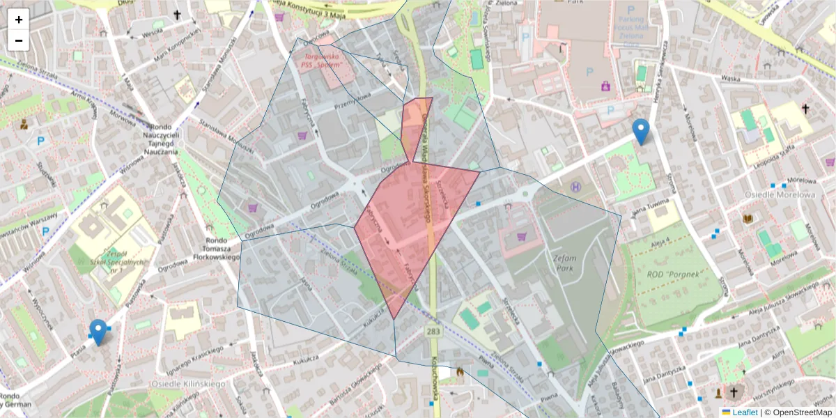 Szczegółowa mapa kodu pocztowego 65-450 z granicami, sąsiednimi kodami pocztowymi i urzędami pocztowymi