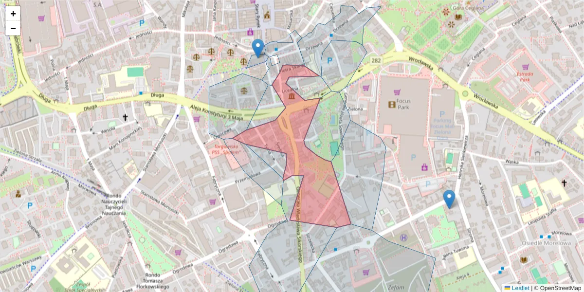 Szczegółowa mapa kodu pocztowego 65-454 z granicami, sąsiednimi kodami pocztowymi i urzędami pocztowymi