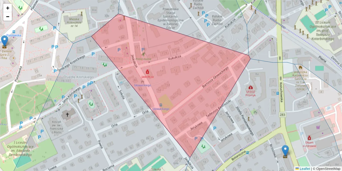 Szczegółowa mapa kodu pocztowego 65-472 z granicami, sąsiednimi kodami pocztowymi i urzędami pocztowymi