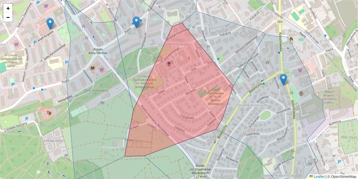 Szczegółowa mapa kodu pocztowego 65-510 z granicami, sąsiednimi kodami pocztowymi i urzędami pocztowymi