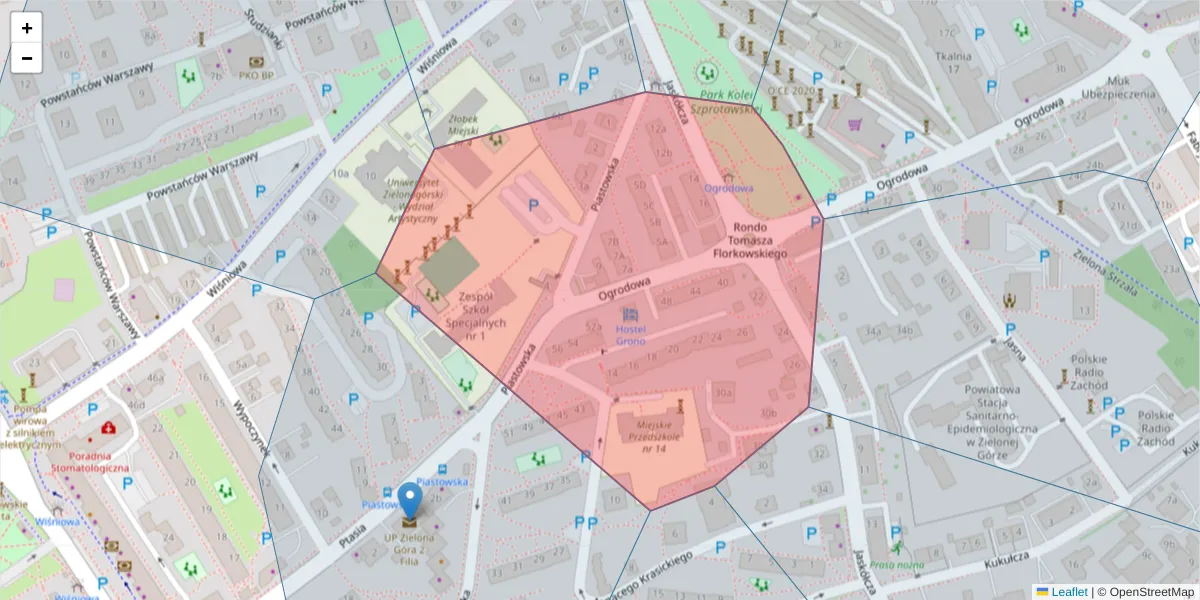 Szczegółowa mapa kodu pocztowego 65-516 z granicami, sąsiednimi kodami pocztowymi i urzędami pocztowymi
