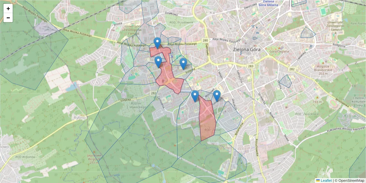 Szczegółowa mapa kodu pocztowego 65-536 z granicami, sąsiednimi kodami pocztowymi i urzędami pocztowymi