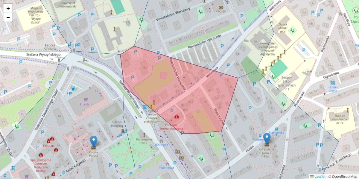 Szczegółowa mapa kodu pocztowego 65-540 z granicami, sąsiednimi kodami pocztowymi i urzędami pocztowymi