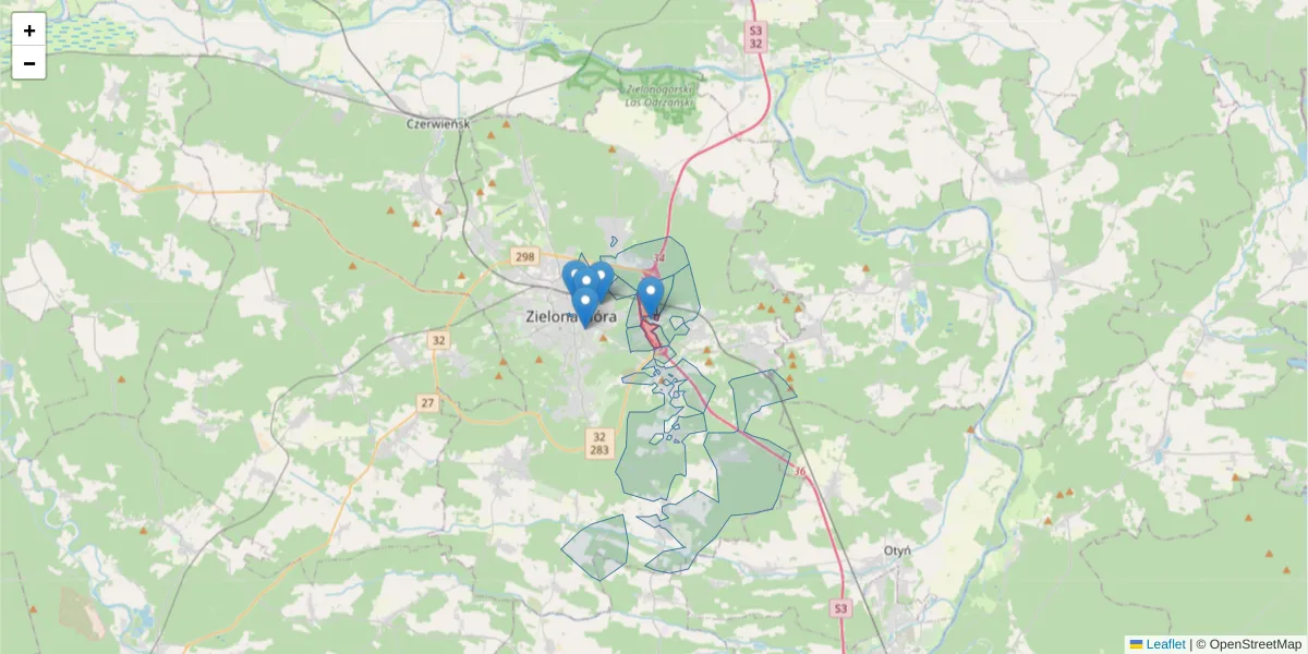 Szczegółowa mapa kodu pocztowego 65-547 z granicami, sąsiednimi kodami pocztowymi i urzędami pocztowymi