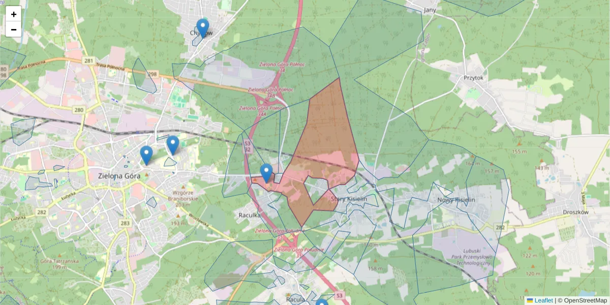 Szczegółowa mapa kodu pocztowego 65-548 z granicami, sąsiednimi kodami pocztowymi i urzędami pocztowymi