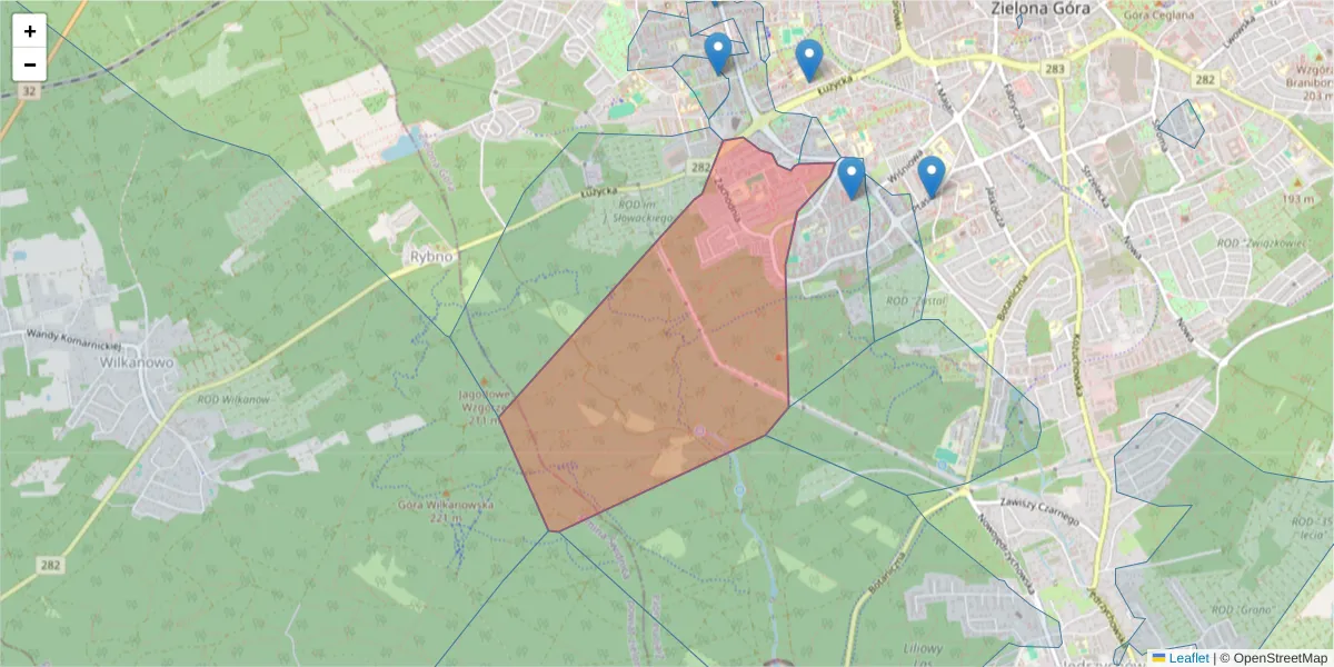 Szczegółowa mapa kodu pocztowego 65-552 z granicami, sąsiednimi kodami pocztowymi i urzędami pocztowymi