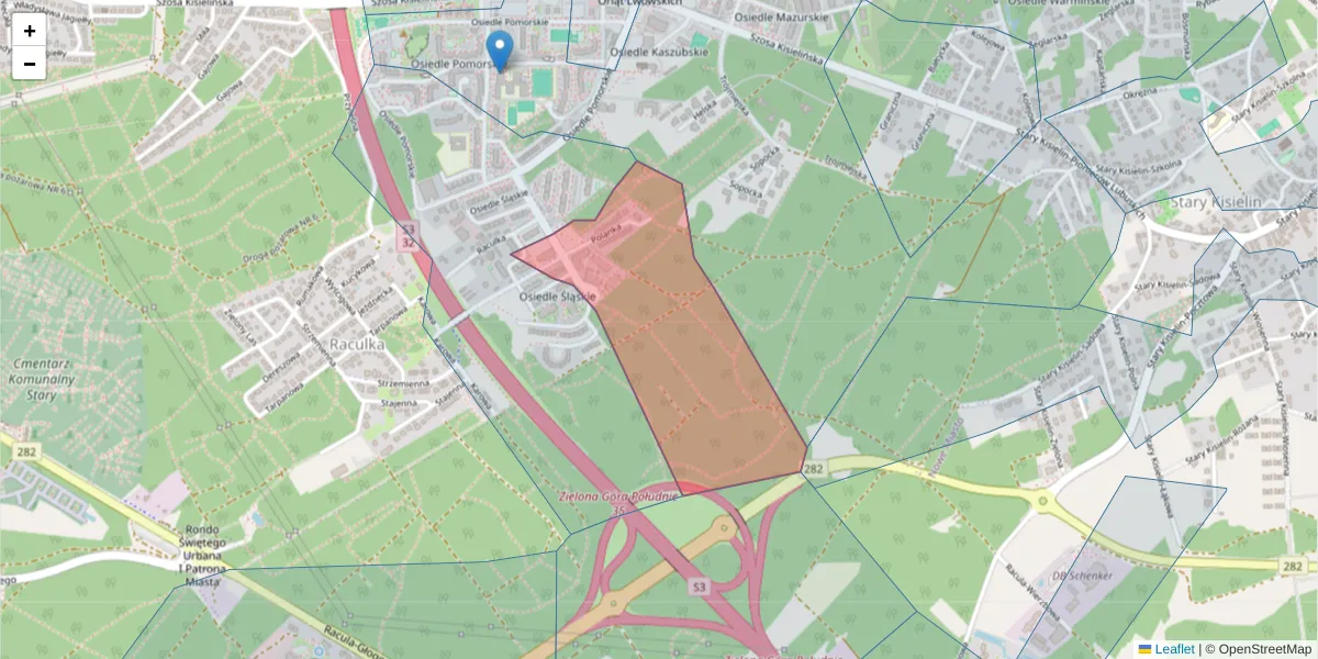 Szczegółowa mapa kodu pocztowego 65-557 z granicami, sąsiednimi kodami pocztowymi i urzędami pocztowymi