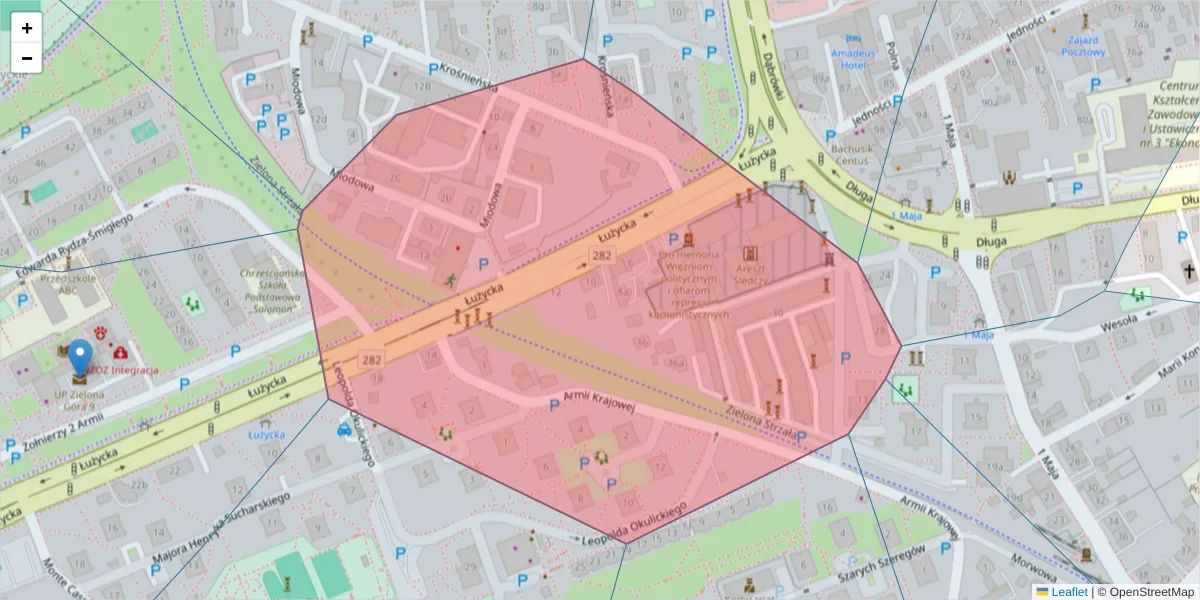 Szczegółowa mapa kodu pocztowego 65-601 z granicami, sąsiednimi kodami pocztowymi i urzędami pocztowymi