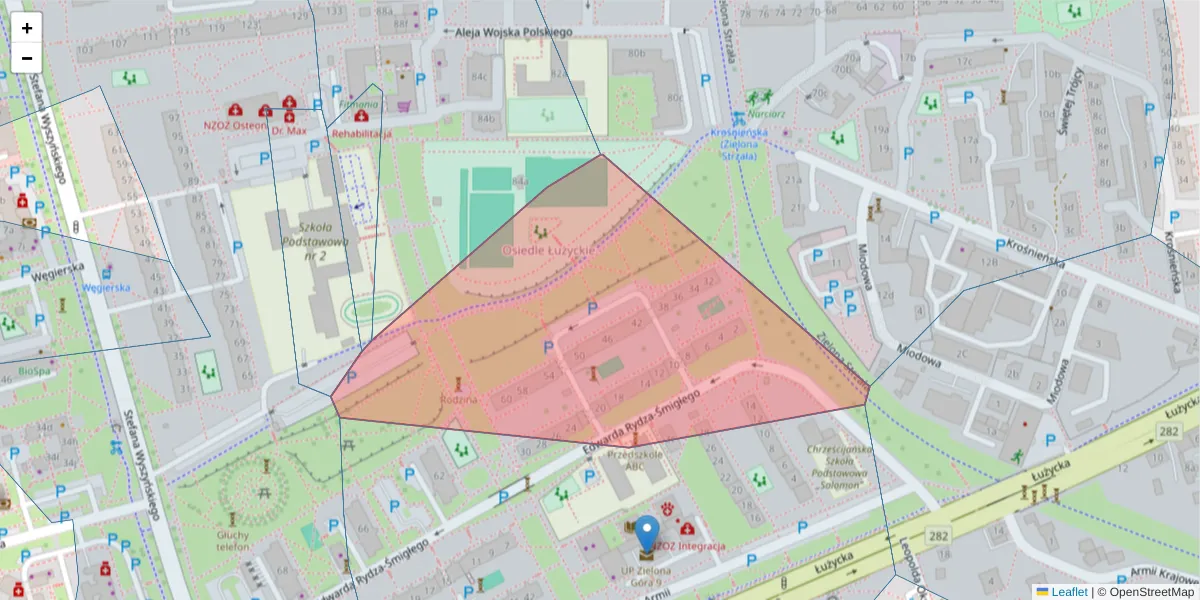 Szczegółowa mapa kodu pocztowego 65-610 z granicami, sąsiednimi kodami pocztowymi i urzędami pocztowymi