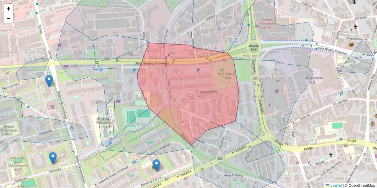 Szczegółowa mapa kodu pocztowego 65-625 z granicami, sąsiednimi kodami pocztowymi i urzędami pocztowymi