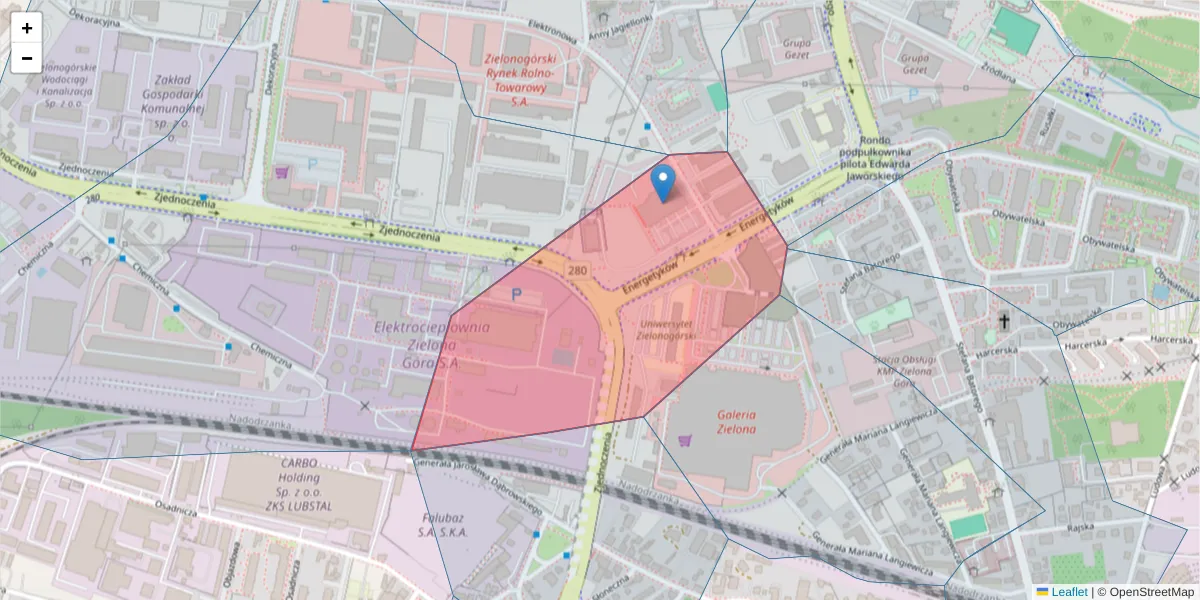 Szczegółowa mapa kodu pocztowego 65-729 z granicami, sąsiednimi kodami pocztowymi i urzędami pocztowymi