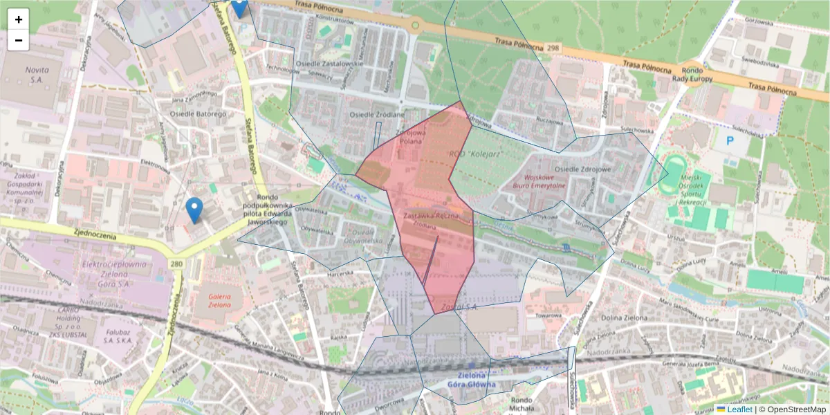Szczegółowa mapa kodu pocztowego 65-734 z granicami, sąsiednimi kodami pocztowymi i urzędami pocztowymi