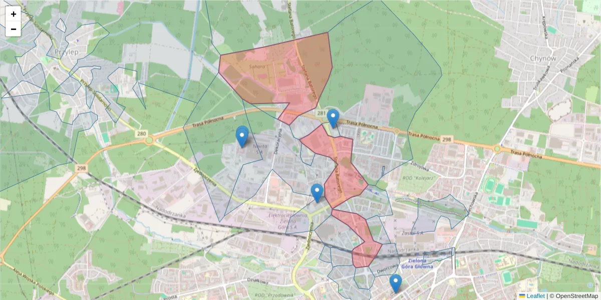 Szczegółowa mapa kodu pocztowego 65-735 z granicami, sąsiednimi kodami pocztowymi i urzędami pocztowymi