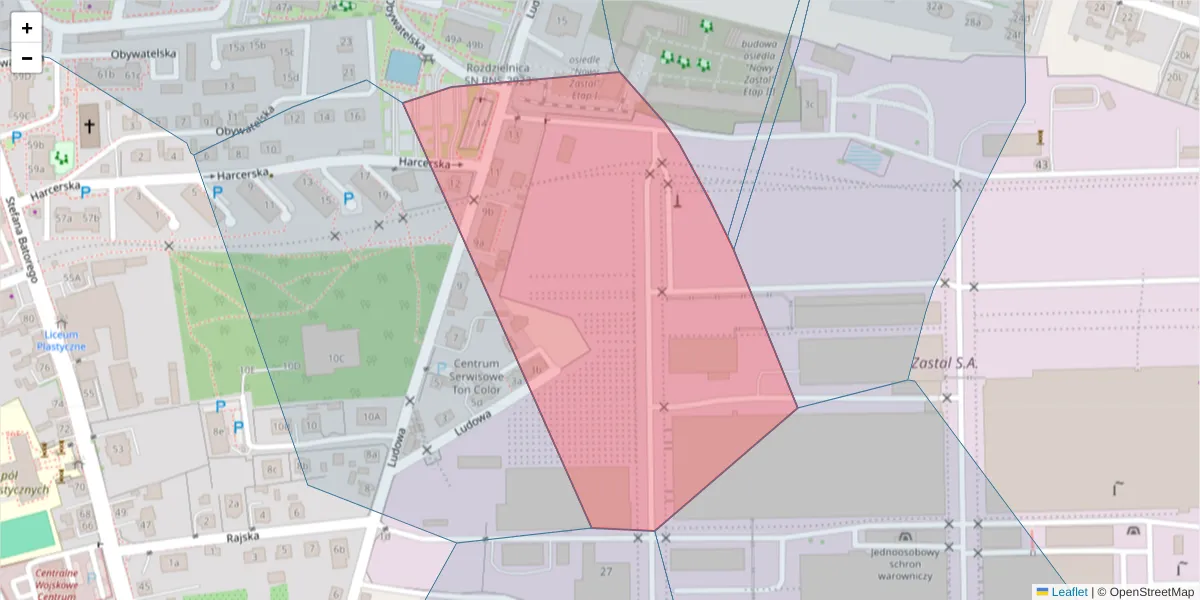 Szczegółowa mapa kodu pocztowego 65-742 z granicami, sąsiednimi kodami pocztowymi i urzędami pocztowymi