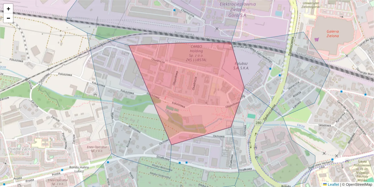 Szczegółowa mapa kodu pocztowego 65-752 z granicami, sąsiednimi kodami pocztowymi i urzędami pocztowymi