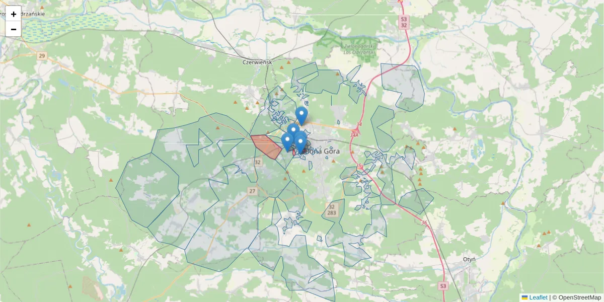 Szczegółowa mapa kodu pocztowego 65-762 z granicami, sąsiednimi kodami pocztowymi i urzędami pocztowymi
